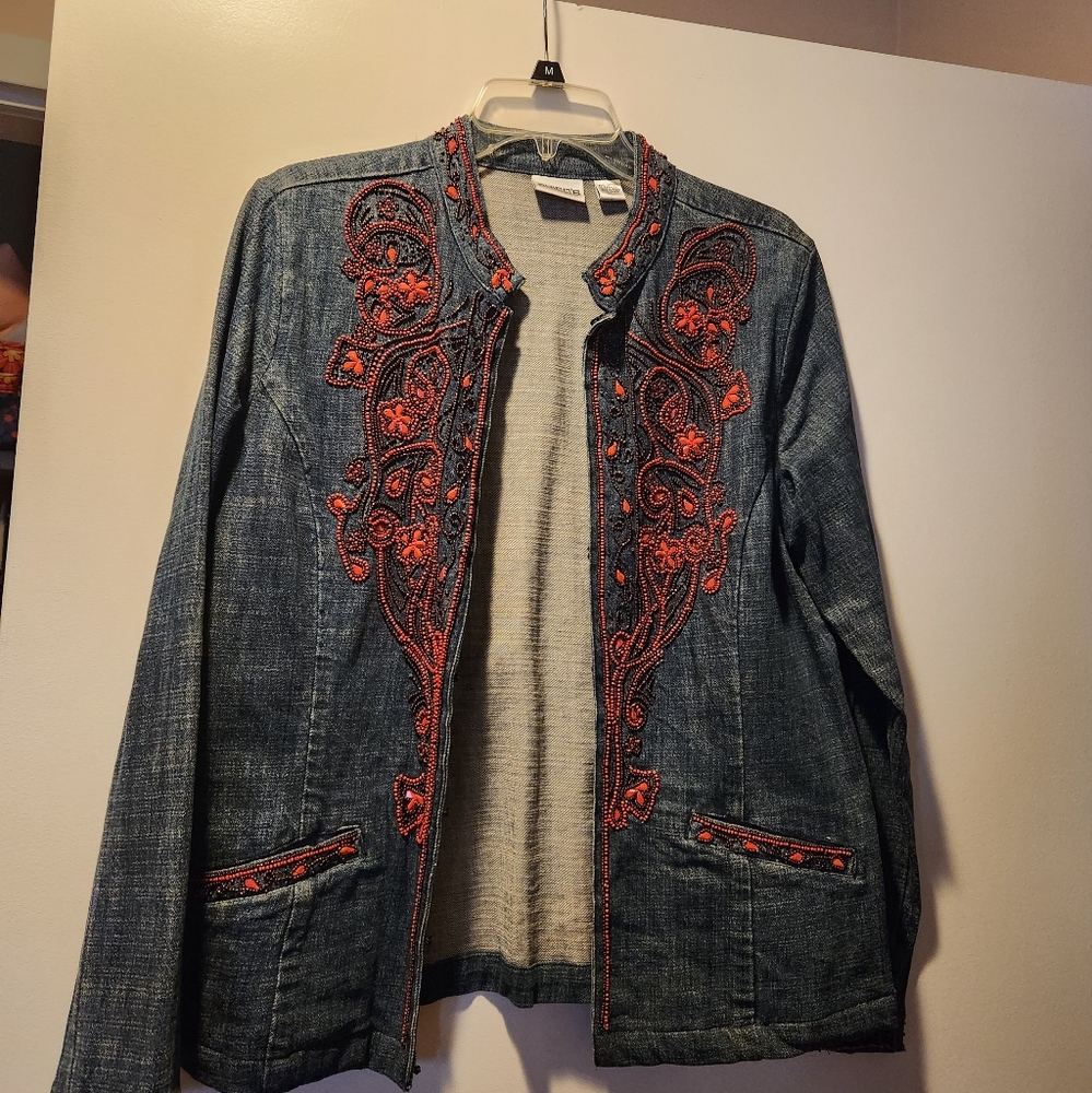 Chico's denim jacket with orange/ red beading. Size 1